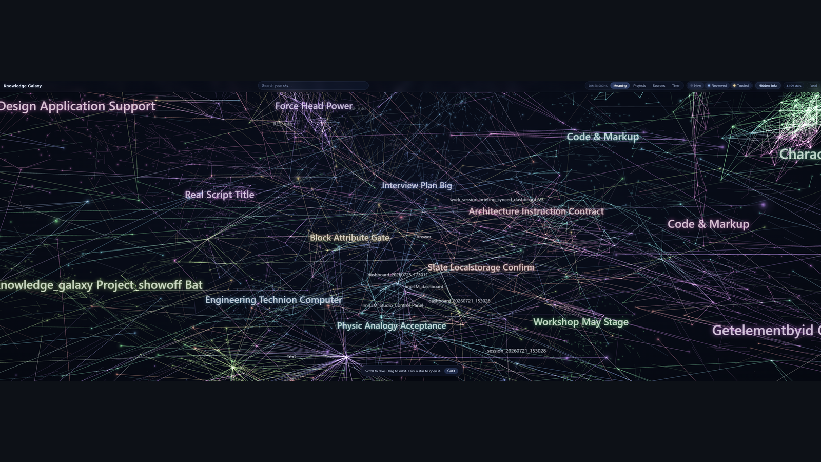 Knowledge Galaxy (August 25) — 3D semantic memory constellations mapping project code and memory